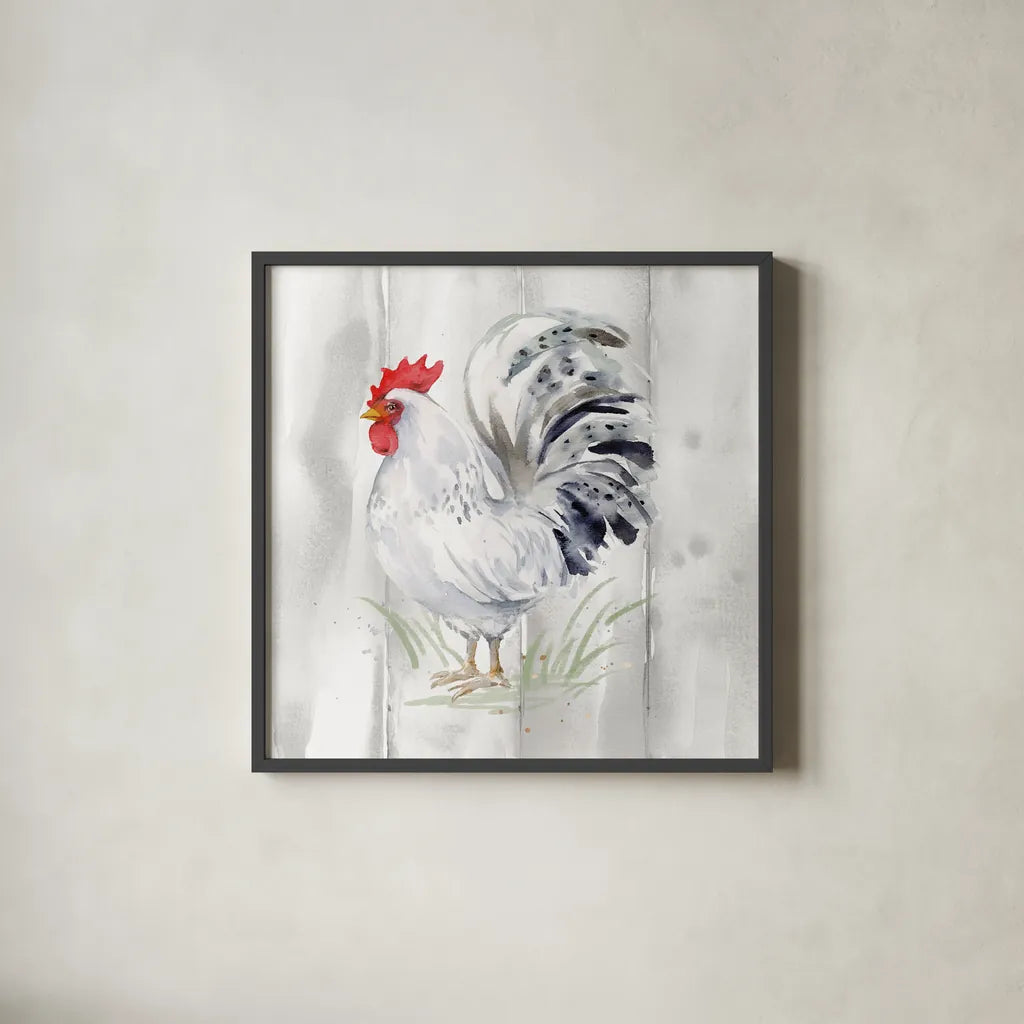 Home to Roost IV Barn Board by Katrina Pete. Shown in a sleek black glass frame for a contemporary gallery look. Available as an archival giclee rolled canvas, fine art paper, or poster print. SKU 85564a.