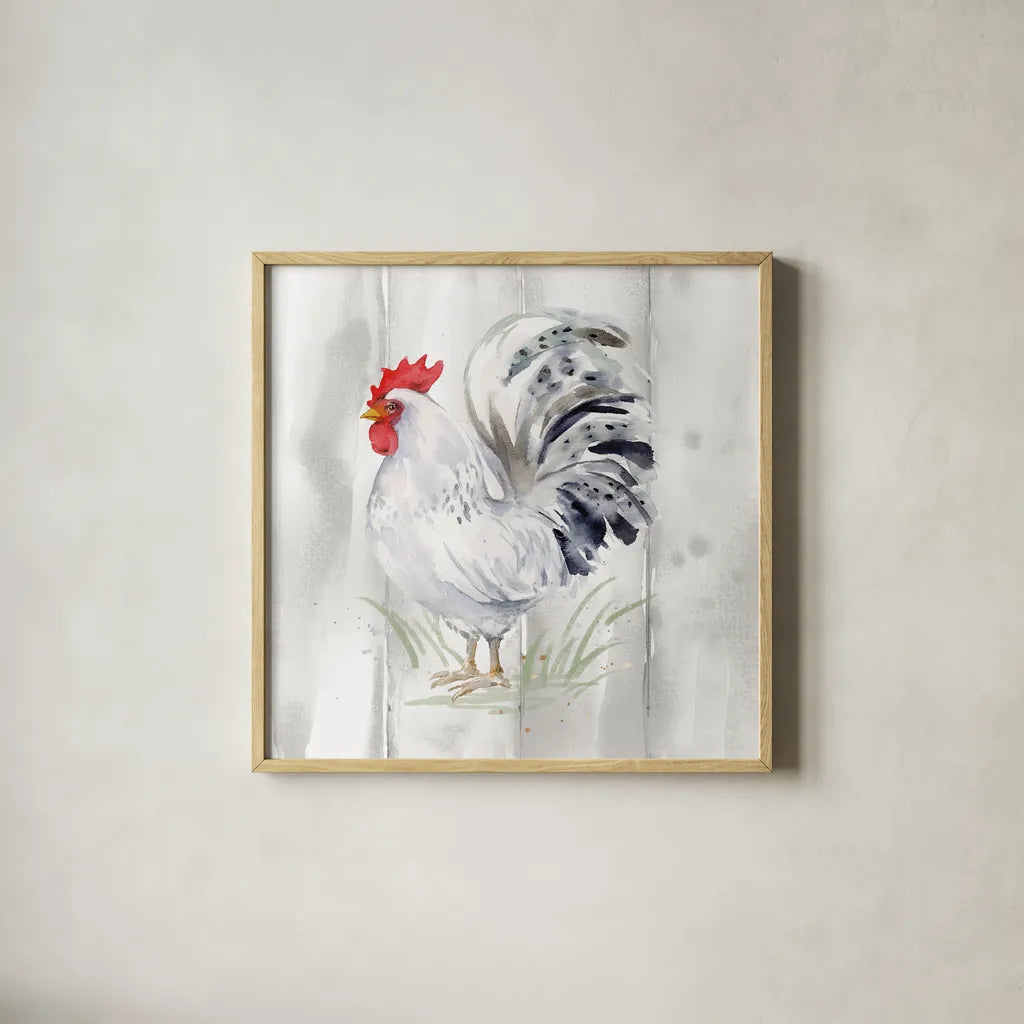 Home to Roost IV Barn Board by Katrina Pete. Shown in a natural wood glass frame for a timeless modern aesthetic. Available as an archival giclee rolled canvas, fine art paper, or poster print. SKU 85564a.