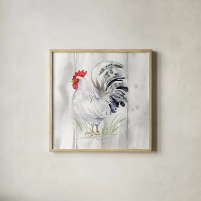 Home to Roost IV Barn Board by Katrina Pete. Shown in a natural wood glass frame for a timeless modern aesthetic. Available as an archival giclee rolled canvas, fine art paper, or poster print. SKU 85564a.