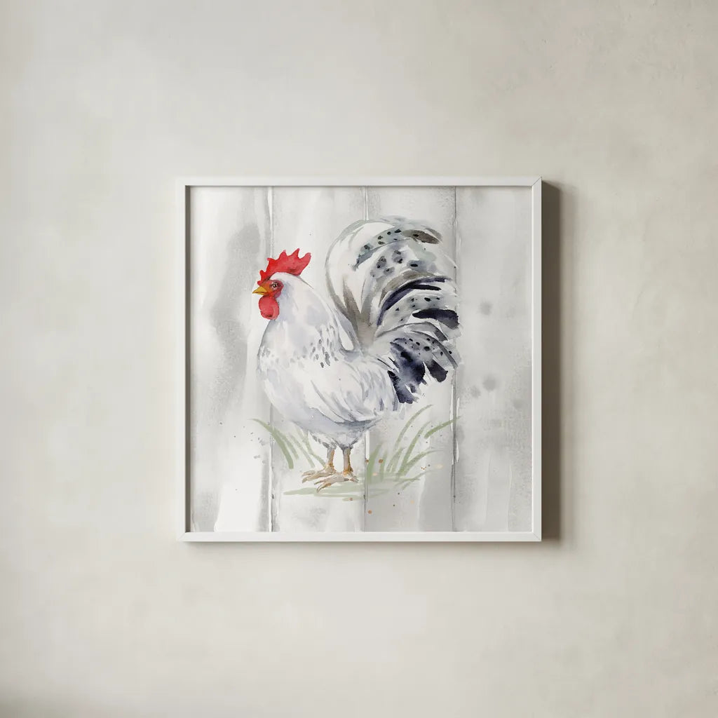 Home to Roost IV Barn Board by Katrina Pete. Shown in a crisp white glass frame for a clean and minimalist style. Available as an archival giclee rolled canvas, fine art paper, or poster print. SKU 85564a.