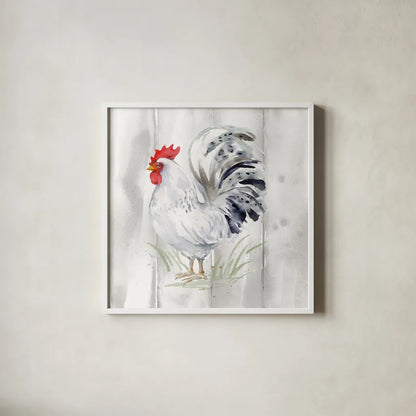 Home to Roost IV Barn Board by Katrina Pete. Shown in a crisp white glass frame for a clean and minimalist style. Available as an archival giclee rolled canvas, fine art paper, or poster print. SKU 85564a.