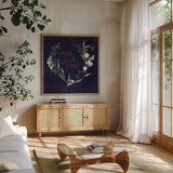 Home to Roost V by Katrina Pete. Shown in a natural wood frame in a cozy modern living room. Available as an archival giclee rolled canvas, fine art paper, or poster print. SKU 85173a.
