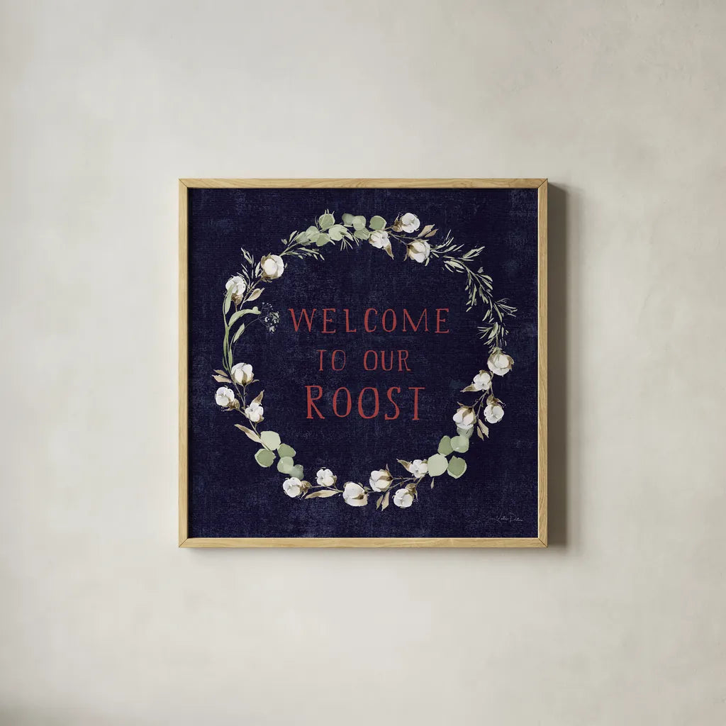 Home to Roost VI by Katrina Pete. Shown in a natural wood glass frame for a timeless modern aesthetic. Available as an archival giclee rolled canvas, fine art paper, or poster print. SKU 85174a.