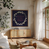 Home to Roost VI by Katrina Pete. Shown in a natural wood frame in a cozy modern living room. Available as an archival giclee rolled canvas, fine art paper, or poster print. SKU 85174a.