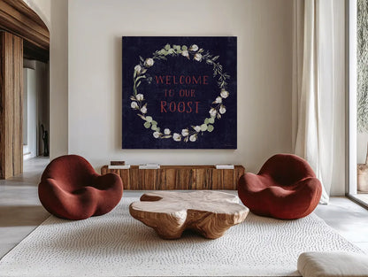Home to Roost VI by Katrina Pete. Shown as extra-large giant wall art in a modern living room. Available as an archival giclee rolled canvas, fine art paper, or poster print. SKU 85174a.