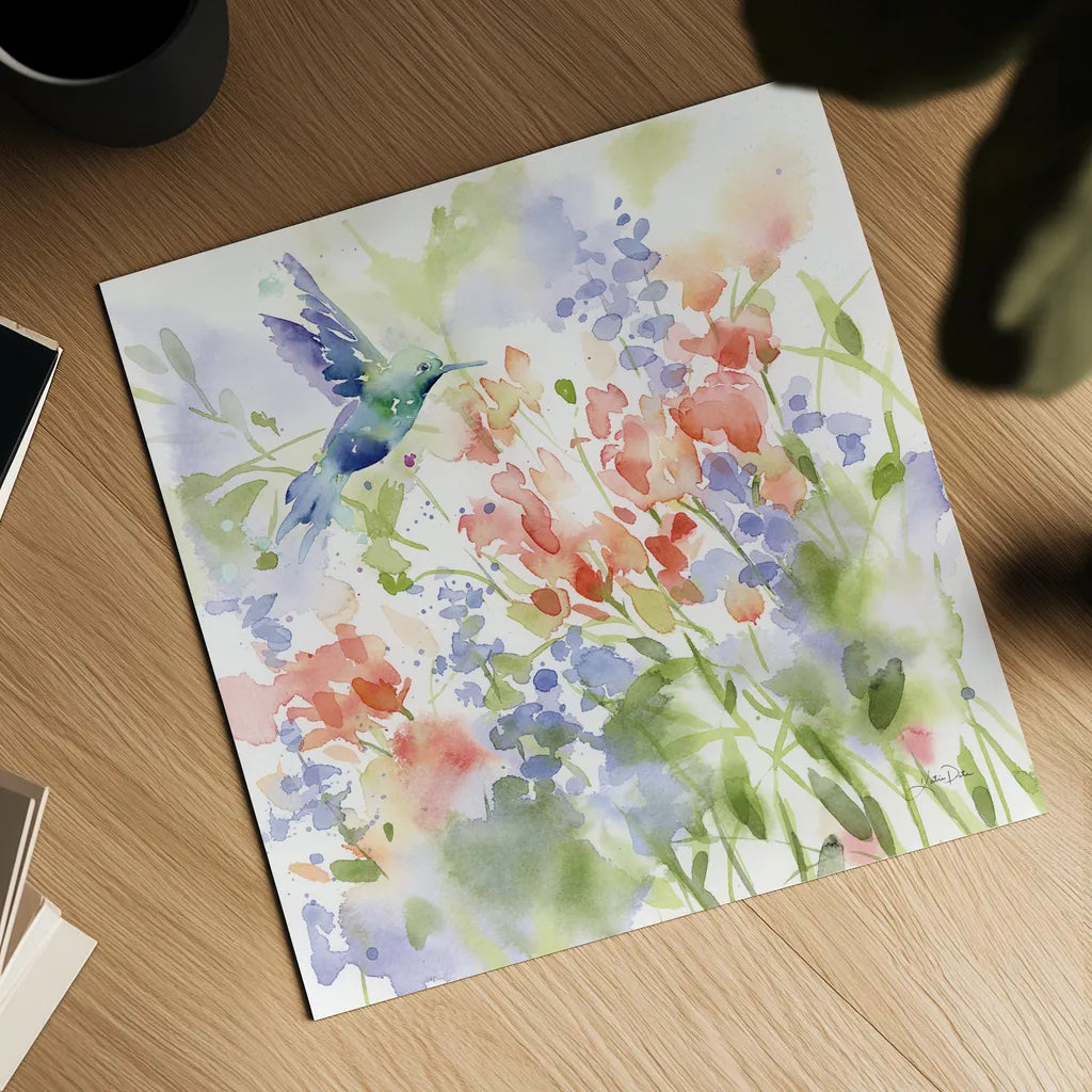 Hummingbird Meadow by Katrina Pete. Shown as a detailed flat fine art print, highlighting archival giclee quality. Available as an archival giclee rolled canvas, fine art paper, or poster print. SKU 75734a.