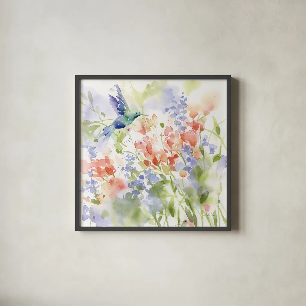 Hummingbird Meadow by Katrina Pete. Shown in a sleek black glass frame for a contemporary gallery look. Available as an archival giclee rolled canvas, fine art paper, or poster print. SKU 75734a.