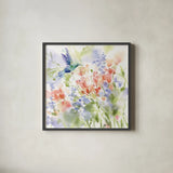 Hummingbird Meadow by Katrina Pete. Shown in a sleek black glass frame for a contemporary gallery look. Available as an archival giclee rolled canvas, fine art paper, or poster print. SKU 75734a.