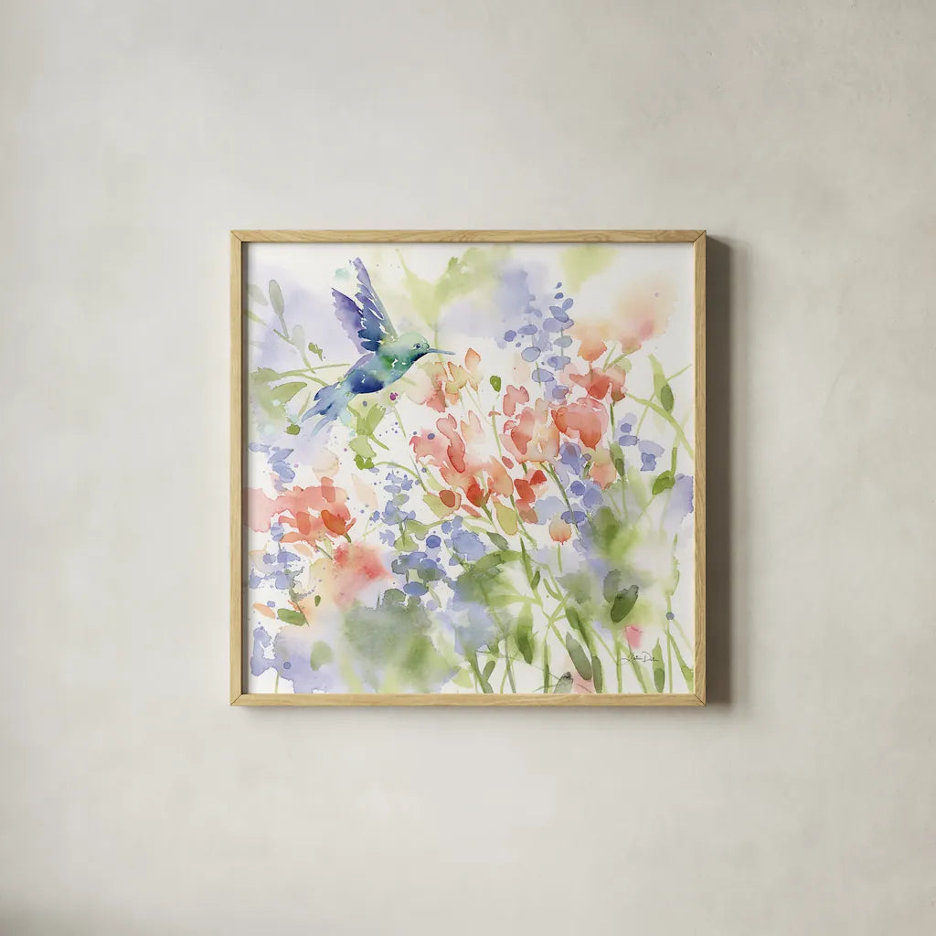 Hummingbird Meadow by Katrina Pete. Shown in a natural wood glass frame for a timeless modern aesthetic. Available as an archival giclee rolled canvas, fine art paper, or poster print. SKU 75734a.