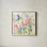 Hummingbird Meadow by Katrina Pete. Shown in a natural wood glass frame for a timeless modern aesthetic. Available as an archival giclee rolled canvas, fine art paper, or poster print. SKU 75734a.