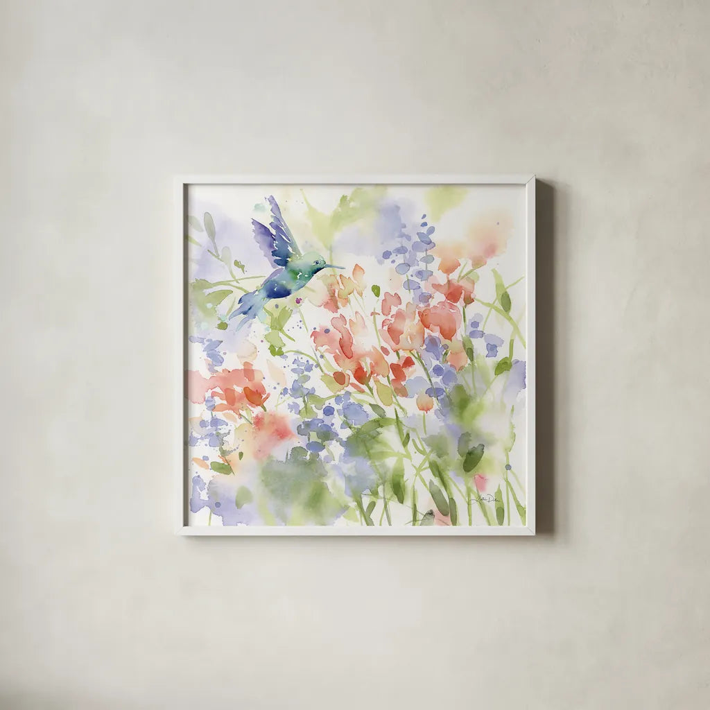 Hummingbird Meadow by Katrina Pete. Shown in a crisp white glass frame for a clean and minimalist style. Available as an archival giclee rolled canvas, fine art paper, or poster print. SKU 75734a.