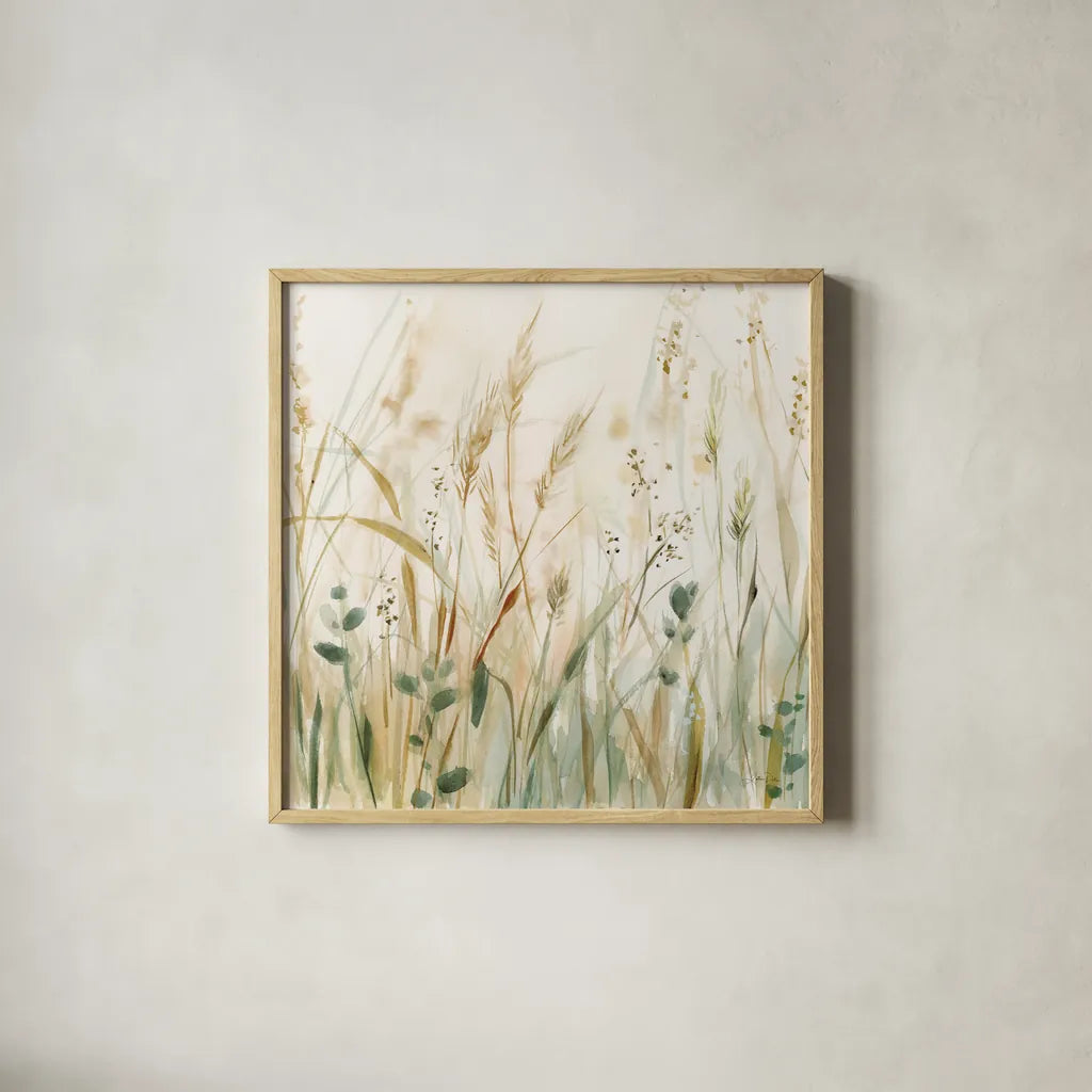 In the Meadow Crop by Katrina Pete. Shown in a natural wood glass frame for a timeless modern aesthetic. Available as an archival giclee rolled canvas, fine art paper, or poster print. SKU 77834a.