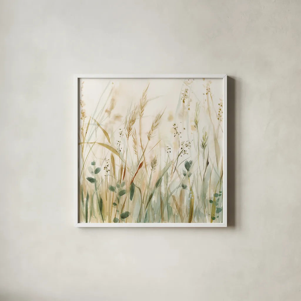 In the Meadow Crop by Katrina Pete. Shown in a crisp white glass frame for a clean and minimalist style. Available as an archival giclee rolled canvas, fine art paper, or poster print. SKU 77834a.