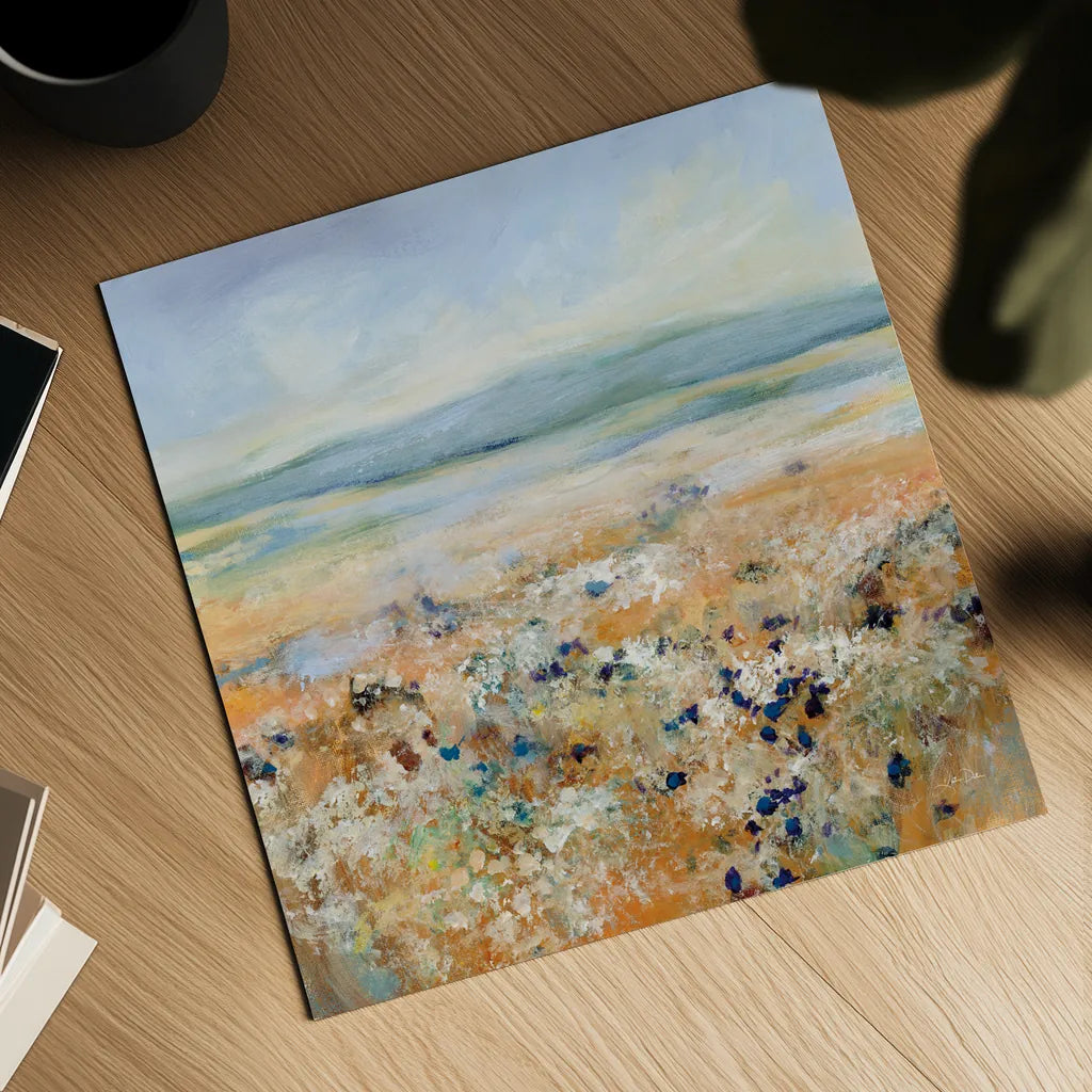 Indigo Meadow by Katrina Pete. Shown as a detailed flat fine art print, highlighting archival giclee quality. Available as an archival giclee rolled canvas, fine art paper, or poster print. SKU 92800a.