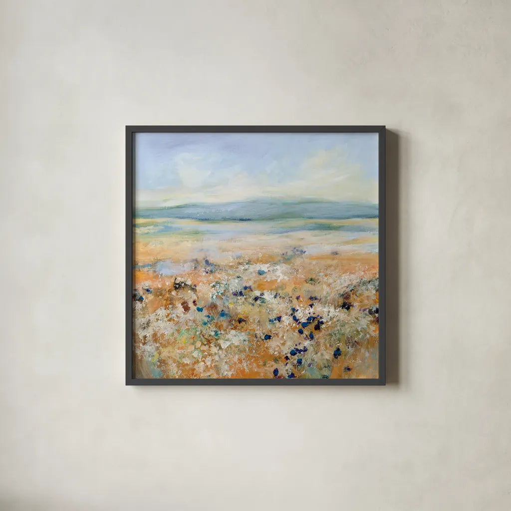 Indigo Meadow by Katrina Pete. Shown in a sleek black glass frame for a contemporary gallery look. Available as an archival giclee rolled canvas, fine art paper, or poster print. SKU 92800a.