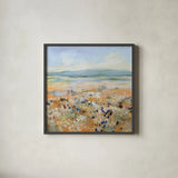 Indigo Meadow by Katrina Pete. Shown in a sleek black glass frame for a contemporary gallery look. Available as an archival giclee rolled canvas, fine art paper, or poster print. SKU 92800a.