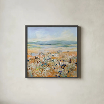 Indigo Meadow by Katrina Pete. Shown in a sleek black glass frame for a contemporary gallery look. Available as an archival giclee rolled canvas, fine art paper, or poster print. SKU 92800a.