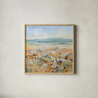 Indigo Meadow by Katrina Pete. Shown in a natural wood glass frame for a timeless modern aesthetic. Available as an archival giclee rolled canvas, fine art paper, or poster print. SKU 92800a.