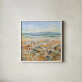 Indigo Meadow by Katrina Pete. Shown in a crisp white glass frame for a clean and minimalist style. Available as an archival giclee rolled canvas, fine art paper, or poster print. SKU 92800a.