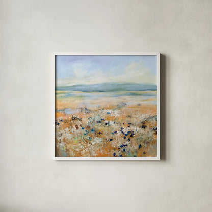 Indigo Meadow by Katrina Pete. Shown in a crisp white glass frame for a clean and minimalist style. Available as an archival giclee rolled canvas, fine art paper, or poster print. SKU 92800a.