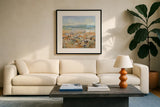 Indigo Meadow by Katrina Pete. Displayed in a glass frame with matte in a clean modern living room. Available as an archival giclee rolled canvas, fine art paper, or poster print. SKU 92800a.