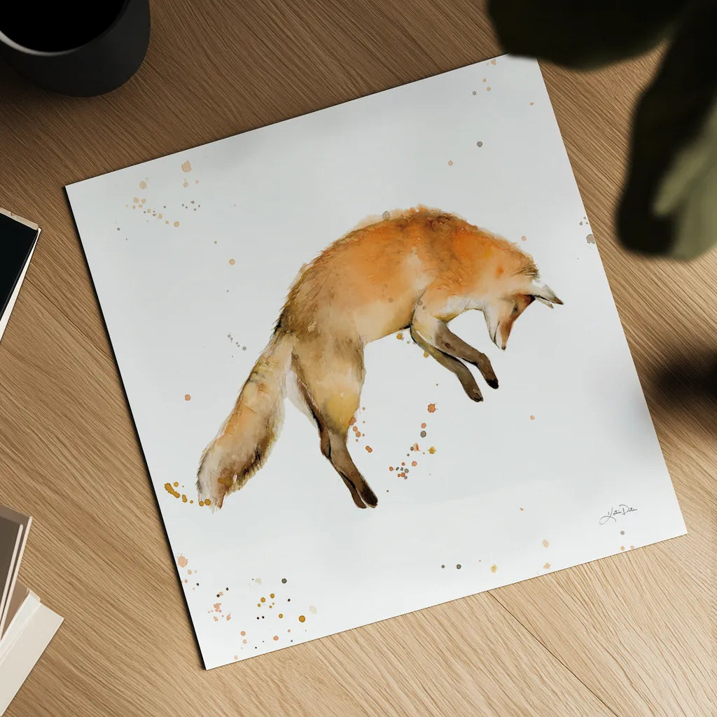 Jumping Fox by Katrina Pete. Shown as a detailed flat fine art print, highlighting archival giclee quality. Available as an archival giclee rolled canvas, fine art paper, or poster print. SKU 75860a.