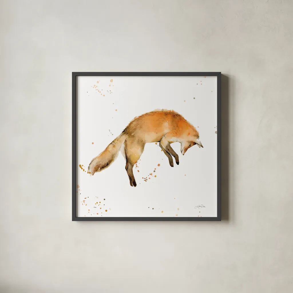 Jumping Fox by Katrina Pete. Shown in a sleek black glass frame for a contemporary gallery look. Available as an archival giclee rolled canvas, fine art paper, or poster print. SKU 75860a.
