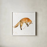 Jumping Fox by Katrina Pete. Shown in a crisp white glass frame for a clean and minimalist style. Available as an archival giclee rolled canvas, fine art paper, or poster print. SKU 75860a.