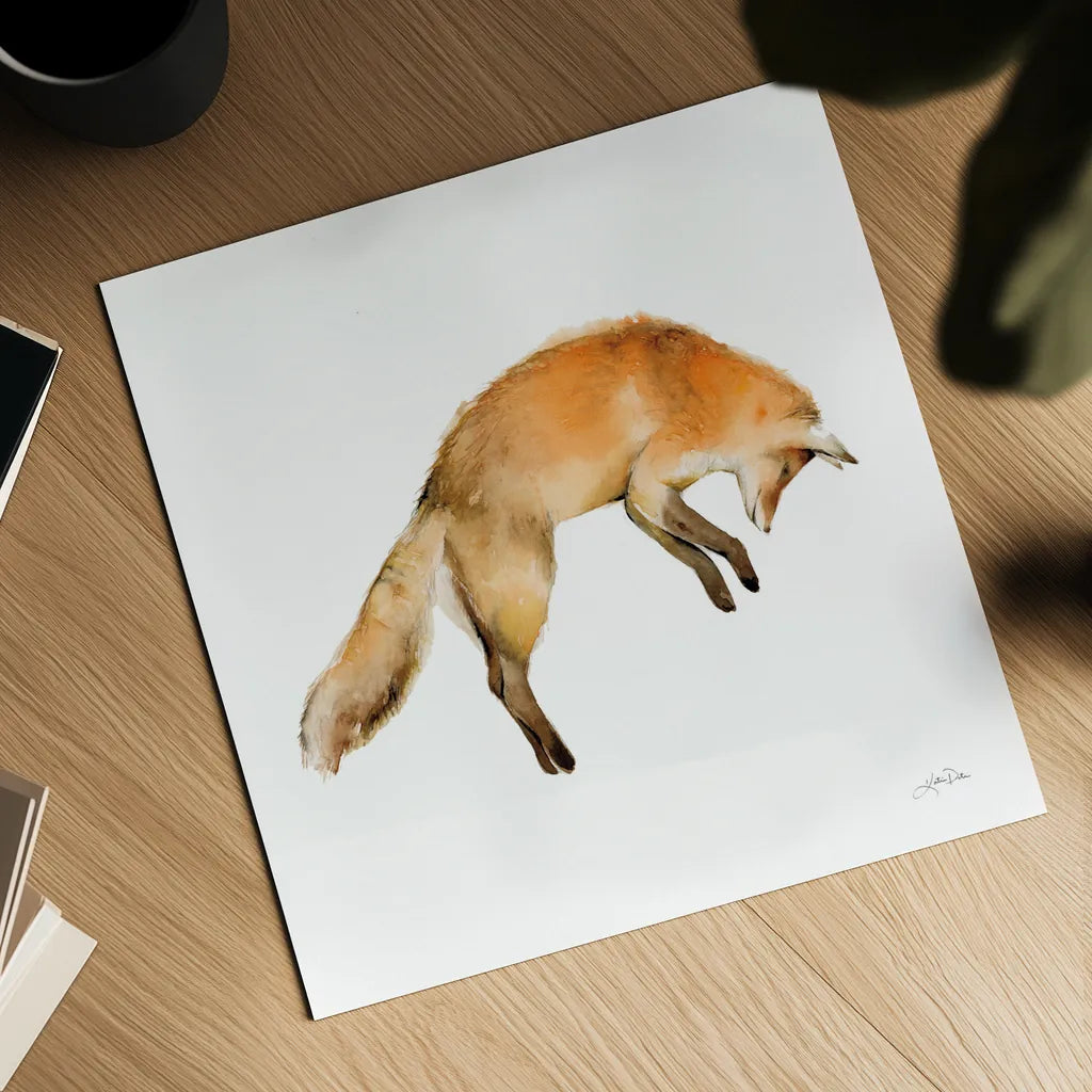 Jumping Fox on White by Katrina Pete. Shown as a detailed flat fine art print, highlighting archival giclee quality. Available as an archival giclee rolled canvas, fine art paper, or poster print. SKU 77223a.