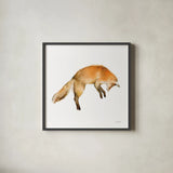 Jumping Fox on White by Katrina Pete. Shown in a sleek black glass frame for a contemporary gallery look. Available as an archival giclee rolled canvas, fine art paper, or poster print. SKU 77223a.