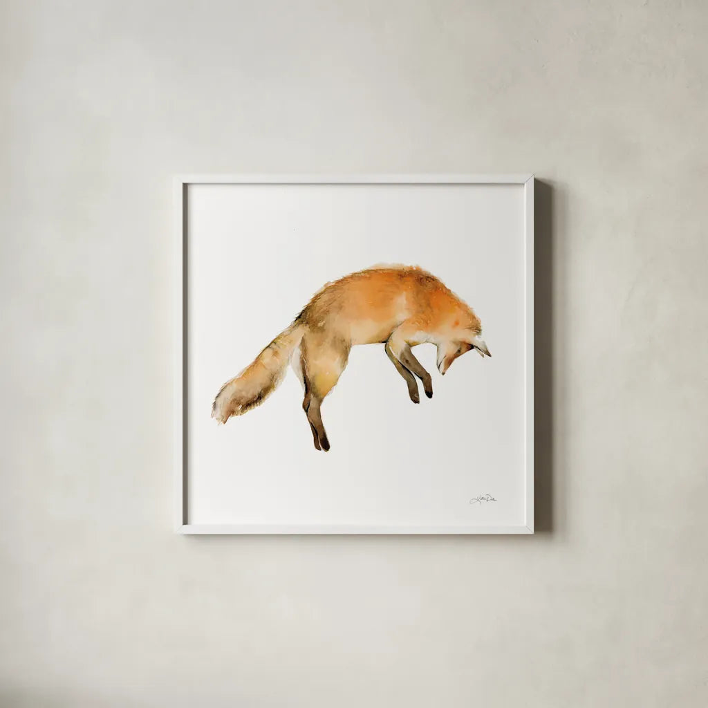 Jumping Fox on White by Katrina Pete. Shown in a crisp white glass frame for a clean and minimalist style. Available as an archival giclee rolled canvas, fine art paper, or poster print. SKU 77223a.