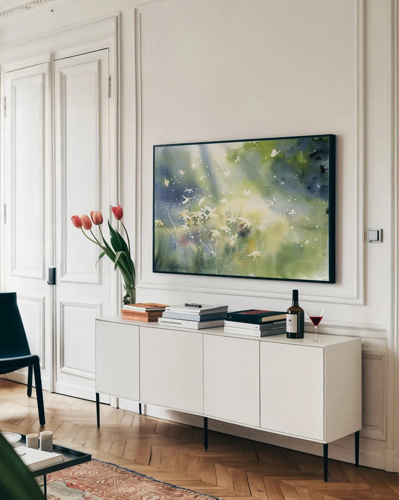 Landscape Light by Katrina Pete. shown as a framed stretched canvas in a living room above a console. Available as a archival giclee rolled canvas, fine art paper, or poster print. SKU 65973i.