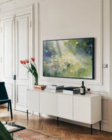 Landscape Light by Katrina Pete. shown as a framed stretched canvas in a living room above a console. Available as a archival giclee rolled canvas, fine art paper, or poster print. SKU 65973i.