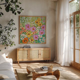 Midsummer Meadow by Katrina Pete. Shown in a natural wood frame in a cozy modern living room. Available as an archival giclee rolled canvas, fine art paper, or poster print. SKU 93470a.