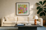 Midsummer Meadow by Katrina Pete. Displayed in a glass frame with matte in a clean modern living room. Available as an archival giclee rolled canvas, fine art paper, or poster print. SKU 93470a.