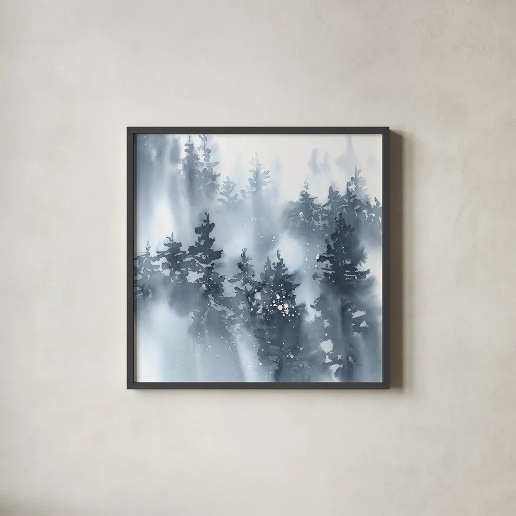 Misty Forest I by Katrina Pete. Shown in a sleek black glass frame for a contemporary gallery look. Available as an archival giclee rolled canvas, fine art paper, or poster print. SKU 65947a.