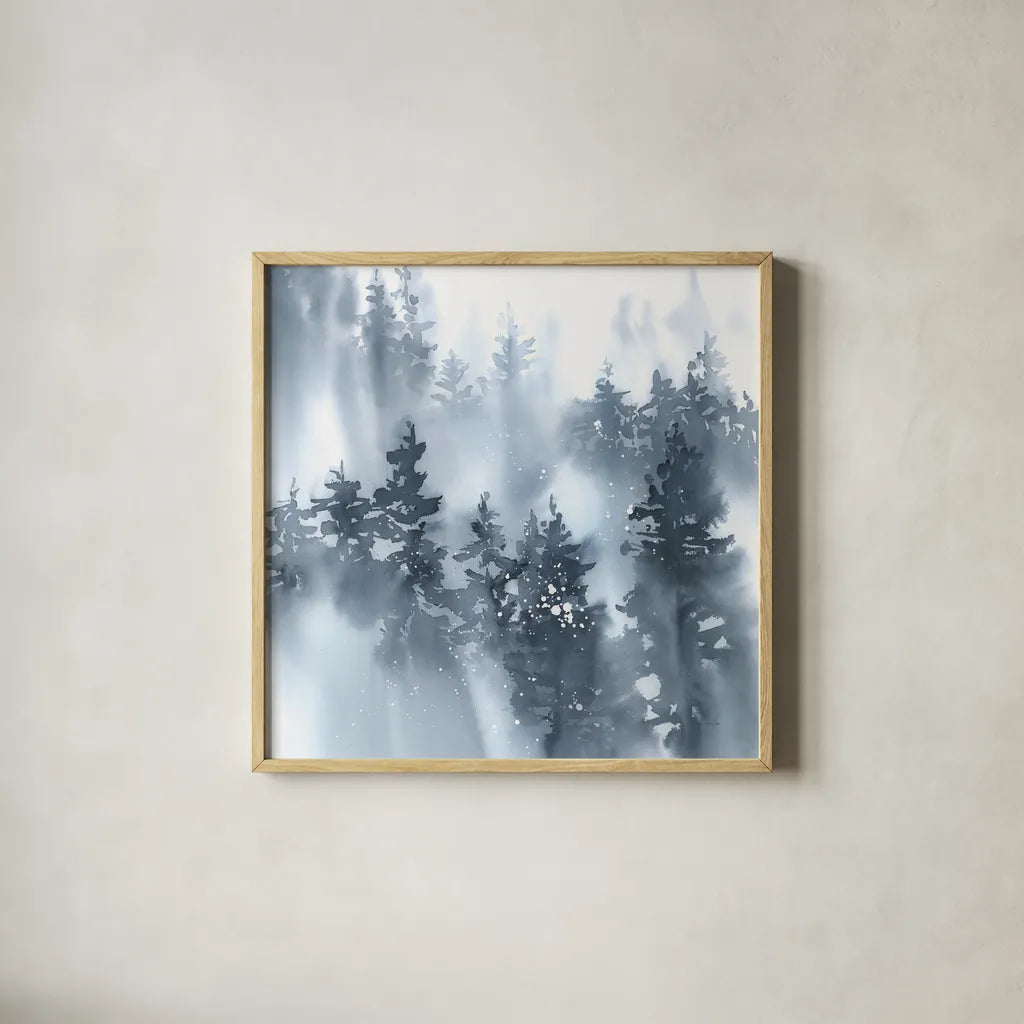 Misty Forest I by Katrina Pete. Shown in a natural wood glass frame for a timeless modern aesthetic. Available as an archival giclee rolled canvas, fine art paper, or poster print. SKU 65947a.