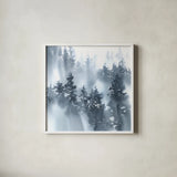 Misty Forest I by Katrina Pete. Shown in a crisp white glass frame for a clean and minimalist style. Available as an archival giclee rolled canvas, fine art paper, or poster print. SKU 65947a.