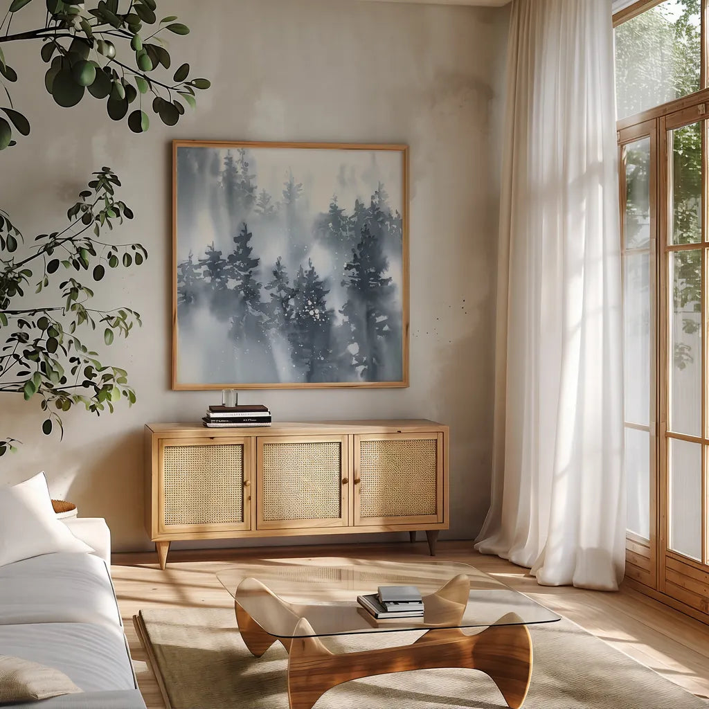 Misty Forest I by Katrina Pete. Shown in a natural wood frame in a cozy modern living room. Available as an archival giclee rolled canvas, fine art paper, or poster print. SKU 65947a.