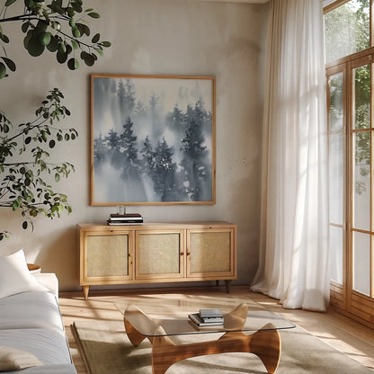 Misty Forest I by Katrina Pete. Shown in a natural wood frame in a cozy modern living room. Available as an archival giclee rolled canvas, fine art paper, or poster print. SKU 65947a.