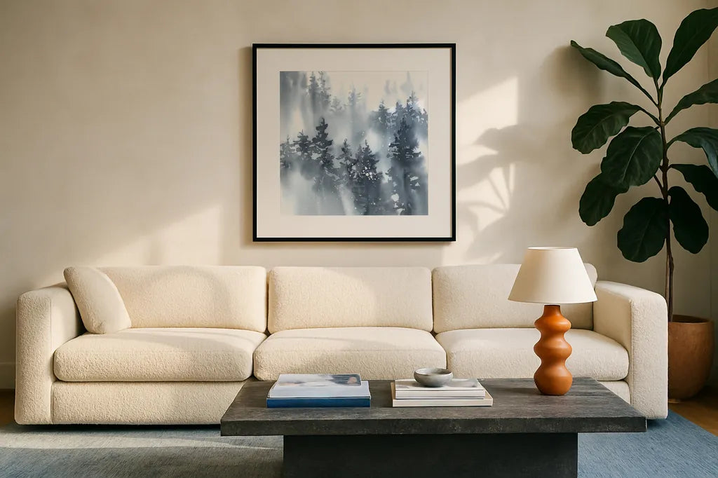 Misty Forest I by Katrina Pete. Displayed in a glass frame with matte in a clean modern living room. Available as an archival giclee rolled canvas, fine art paper, or poster print. SKU 65947a.