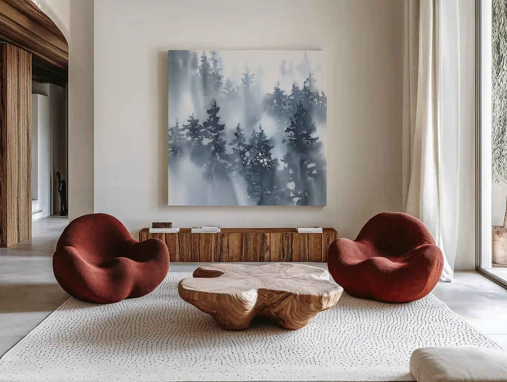 Misty Forest I by Katrina Pete. Shown as extra-large giant wall art in a modern living room. Available as an archival giclee rolled canvas, fine art paper, or poster print. SKU 65947a.