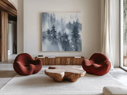 Misty Forest I by Katrina Pete. Shown as extra-large giant wall art in a modern living room. Available as an archival giclee rolled canvas, fine art paper, or poster print. SKU 65947a.