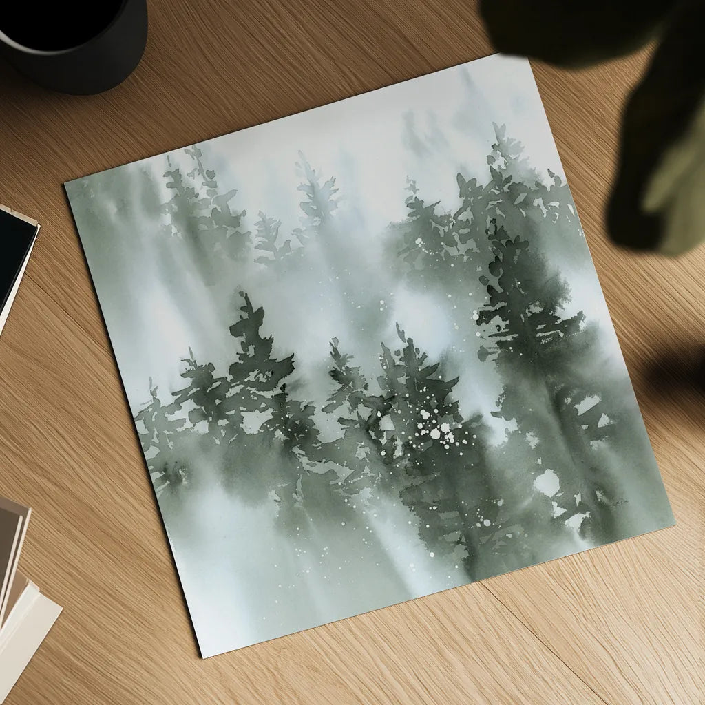 Misty Forest I Green by Katrina Pete. Shown as a detailed flat fine art print, highlighting archival giclee quality. Available as an archival giclee rolled canvas, fine art paper, or poster print. SKU 75747a.