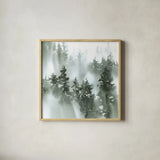 Misty Forest I Green by Katrina Pete. Shown in a natural wood glass frame for a timeless modern aesthetic. Available as an archival giclee rolled canvas, fine art paper, or poster print. SKU 75747a.