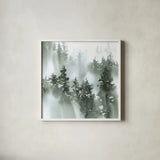 Misty Forest I Green by Katrina Pete. Shown in a crisp white glass frame for a clean and minimalist style. Available as an archival giclee rolled canvas, fine art paper, or poster print. SKU 75747a.