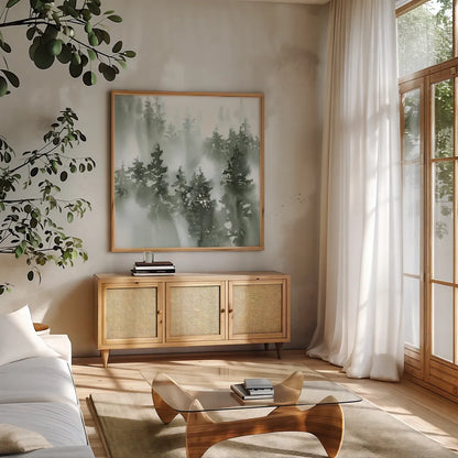 Misty Forest I Green by Katrina Pete. Shown in a natural wood frame in a cozy modern living room. Available as an archival giclee rolled canvas, fine art paper, or poster print. SKU 75747a.