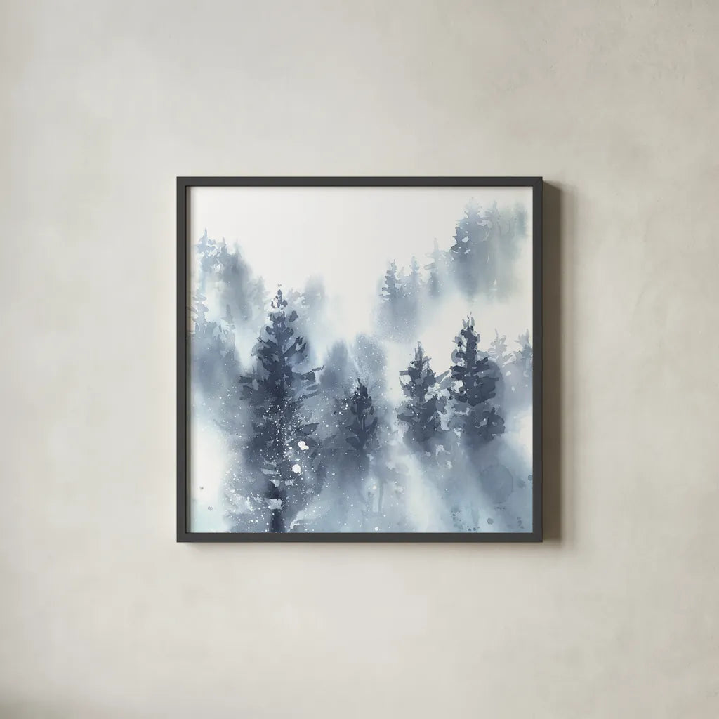 Misty Forest II by Katrina Pete. Shown in a sleek black glass frame for a contemporary gallery look. Available as an archival giclee rolled canvas, fine art paper, or poster print. SKU 65948a.