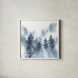 Misty Forest II by Katrina Pete. Shown in a crisp white glass frame for a clean and minimalist style. Available as an archival giclee rolled canvas, fine art paper, or poster print. SKU 65948a.