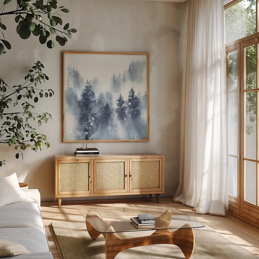 Misty Forest II by Katrina Pete. Shown in a natural wood frame in a cozy modern living room. Available as an archival giclee rolled canvas, fine art paper, or poster print. SKU 65948a.